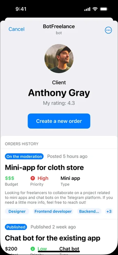 BotFreelance: customer dashboard